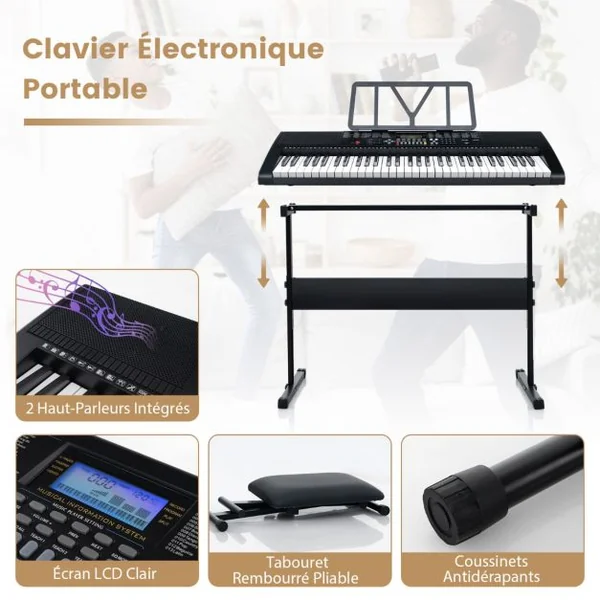 Clavier Electronique à 61 Touches Support et Tabouret Ensemble Complet de Piano Numérique 600 Timbres 400 Rythmes 50 Démonstrations