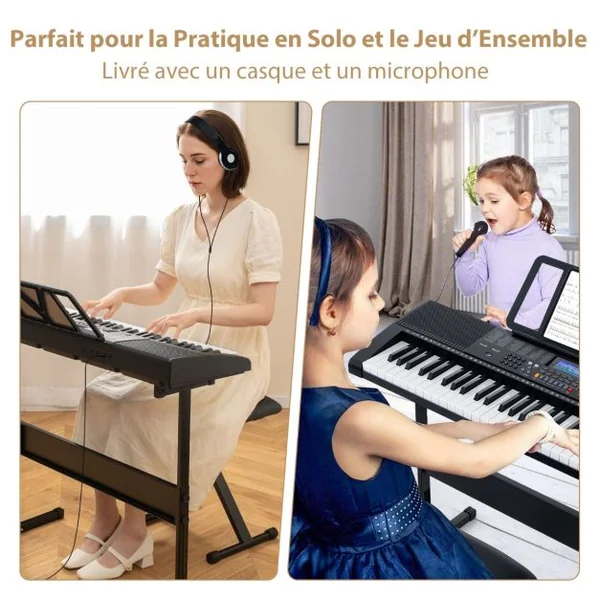 Clavier Electronique à 61 Touches Support et Tabouret Ensemble Complet de Piano Numérique 600 Timbres 400 Rythmes 50 Démonstrations
