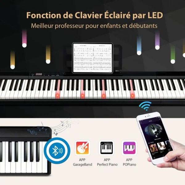 Clavier Numérique Piano 88 Touches Portable Fonction Bluetooth Réglable 128 Rythmes 2 Haut-Parleurs pour Enfants&Adultes