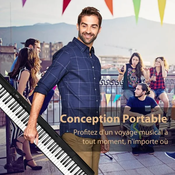 Clavier Numérique Piano 88 Touches Portable Fonction Bluetooth Réglable 128 Rythmes 2 Haut-Parleurs pour Enfants&Adultes