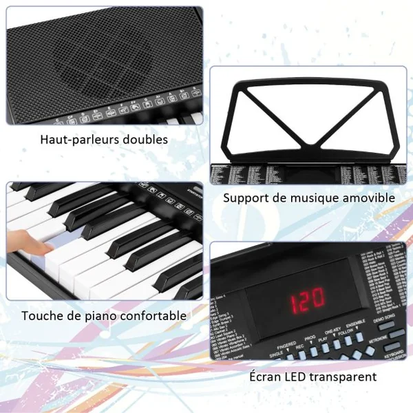 Clavier Électronique à 61 Touches Portable avec Microphone Pupitre 255 Sons 255 Rythmes 24Démo 3 Modes