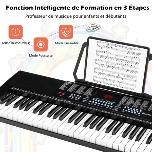Clavier Électronique à 61 Touches Portable avec Microphone Pupitre 255 Sons 255 Rythmes 24Démo 3 Modes