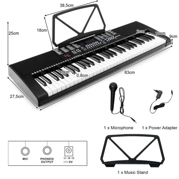 Clavier Électronique à 61 Touches Portable avec Microphone Pupitre 255 Sons 255 Rythmes 24Démo 3 Modes