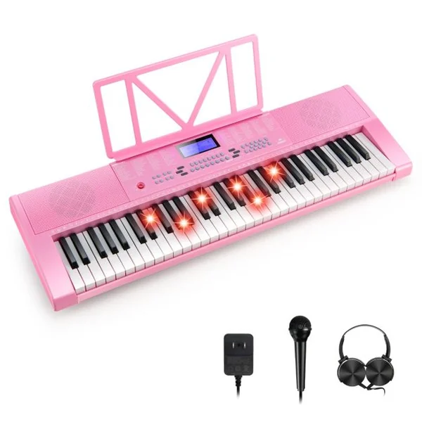Clavier Électronique à 61 Touches Portable avec Microphone Pupitre 255 Sons 255 Rythmes 24Démo 3 Modes Rose