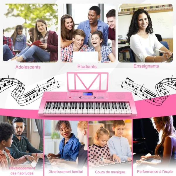 Clavier Électronique à 61 Touches Portable avec Microphone Pupitre 255 Sons 255 Rythmes 24Démo 3 Modes Rose
