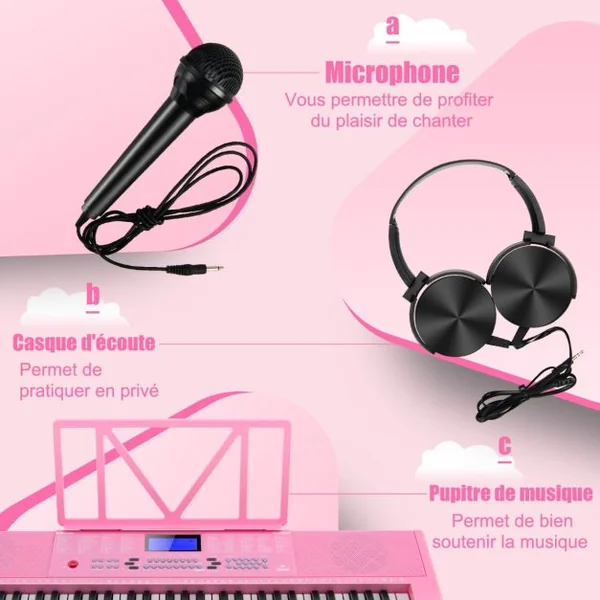 Clavier Électronique à 61 Touches Portable avec Microphone Pupitre 255 Sons 255 Rythmes 24Démo 3 Modes Rose