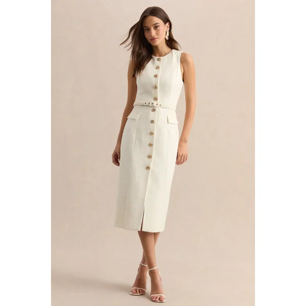 Clea | Robe mi-longue crème à encolure ronde avec ceinture et poches sur le devant