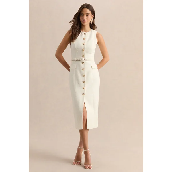 Clea | Robe mi-longue crème à encolure ronde avec ceinture et poches sur le devant