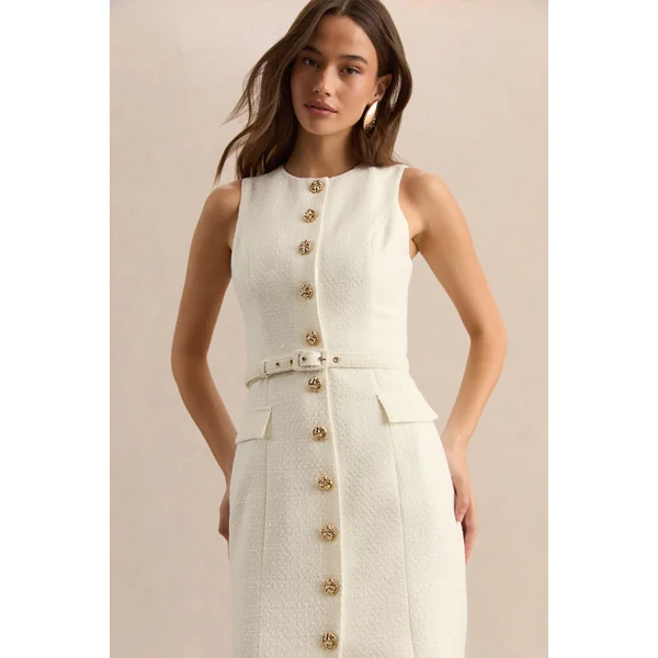 Clea | Robe mi-longue crème à encolure ronde avec ceinture et poches sur le devant