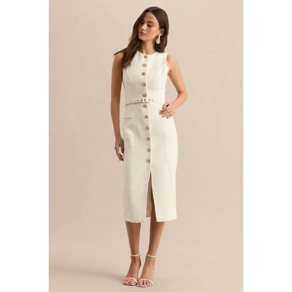 Clea | Robe mi-longue crème à encolure ronde avec ceinture et poches sur le devant