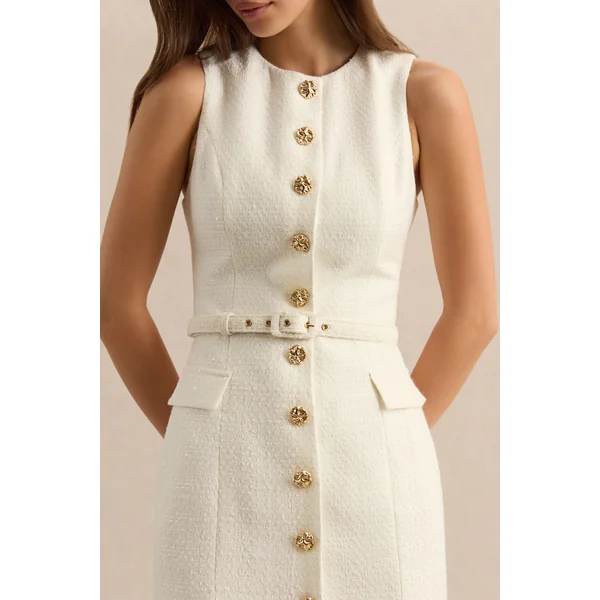 Clea | Robe mi-longue crème à encolure ronde avec ceinture et poches sur le devant