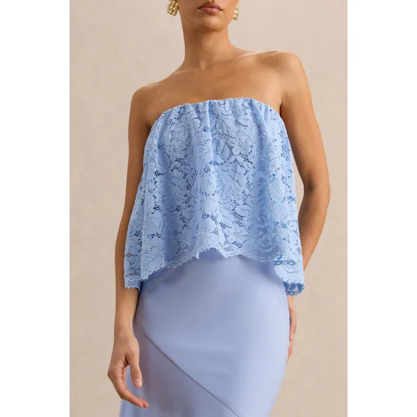 Clemency | Robe longue bandeau bleu poudré en dentelle et satin