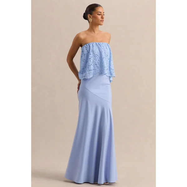 Clemency | Robe longue bandeau bleu poudré en dentelle et satin