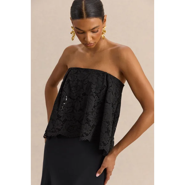 Clemency | Robe longue bandeau noire en dentelle et satin