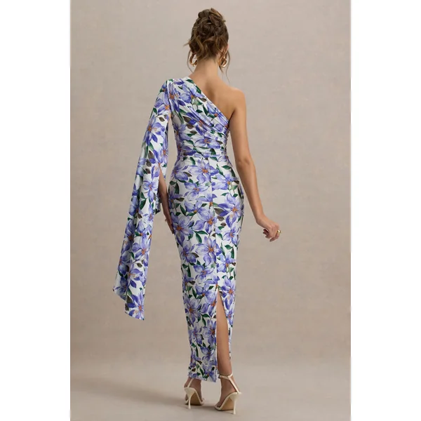Clementina | Robe longue asymétrique à imprimé floral violet avec manches en cape