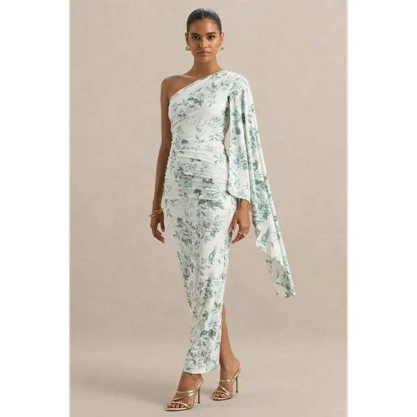 Clementina | Robe longue asymétrique à imprimé vert porcelaine avec manches cape