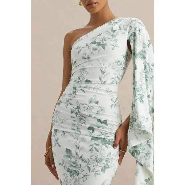Clementina | Robe longue asymétrique à imprimé vert porcelaine avec manches cape