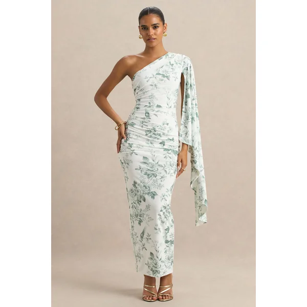 Clementina | Robe longue asymétrique à imprimé vert porcelaine avec manches cape