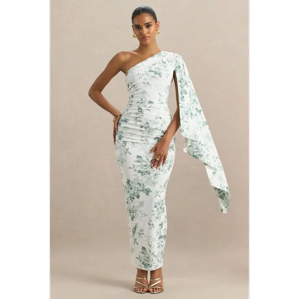 Clementina | Robe longue asymétrique à imprimé vert porcelaine avec manches cape