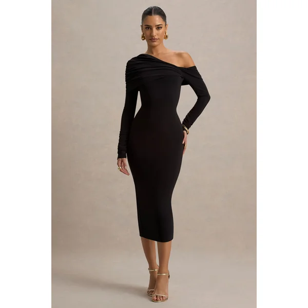 Cleo | Robe Mi-Longue Noire Coupe Moulante avec Manches en Tulle