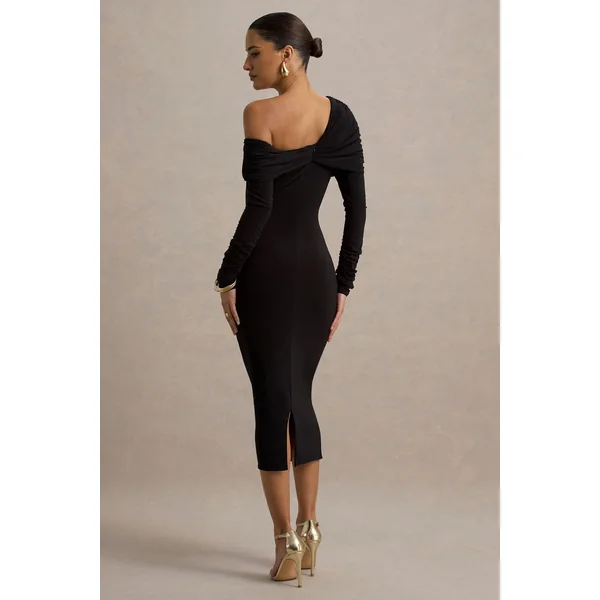 Cleo | Robe Mi-Longue Noire Coupe Moulante avec Manches en Tulle