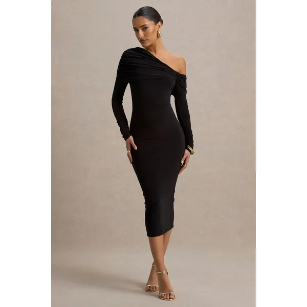 Cleo | Robe Mi-Longue Noire Coupe Moulante avec Manches en Tulle