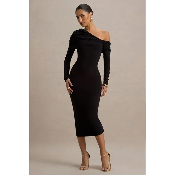 Cleo | Robe Mi-Longue Noire Coupe Moulante avec Manches en Tulle