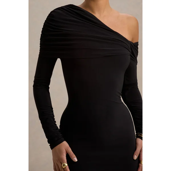 Cleo | Robe Mi-Longue Noire Coupe Moulante avec Manches en Tulle