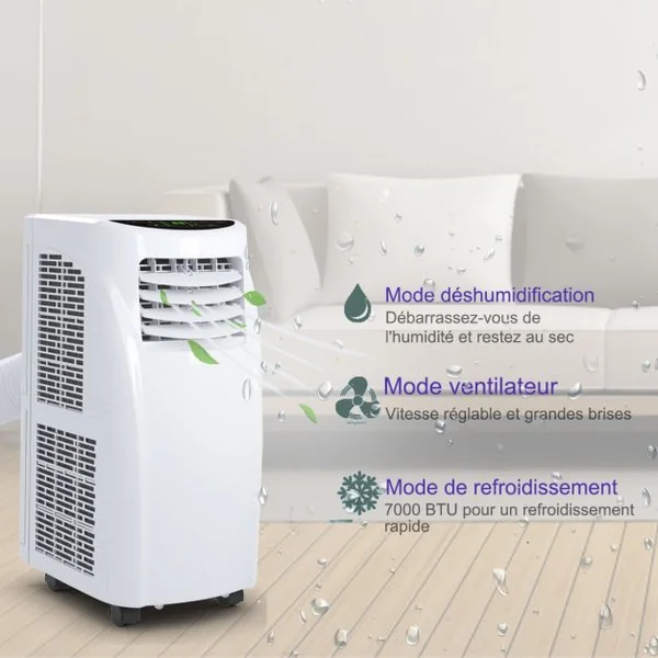 Climatiseur 3 en 1 Refroidisseur Ventilateur et Déshumidificateur 7000 BTU Fonctionnement Silencieux 785W 32x62,5x36cm