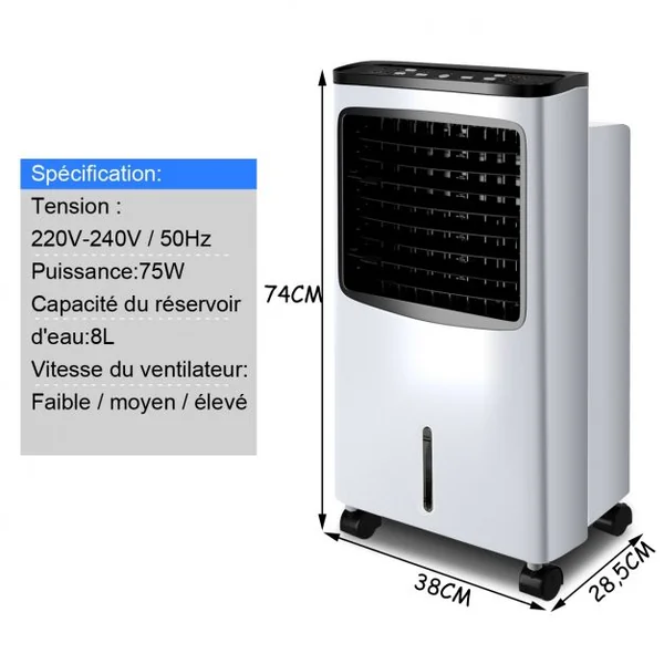 Climatiseur d'Air 75W Mobile 4 en 1 avec Télécommande Minuterie 7,5H Réservoir d’eau 8L 38x28,5x74cm Noir + Blanc
