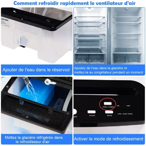Climatiseur d'Air 75W Mobile 4 en 1 avec Télécommande Minuterie 7,5H Réservoir d’eau 8L 38x28,5x74cm Noir + Blanc