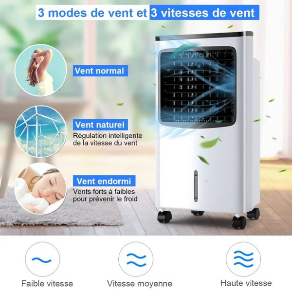 Climatiseur d'Air 75W Mobile 4 en 1 avec Télécommande Minuterie 7,5H Réservoir d’eau 8L 38x28,5x74cm Noir + Blanc