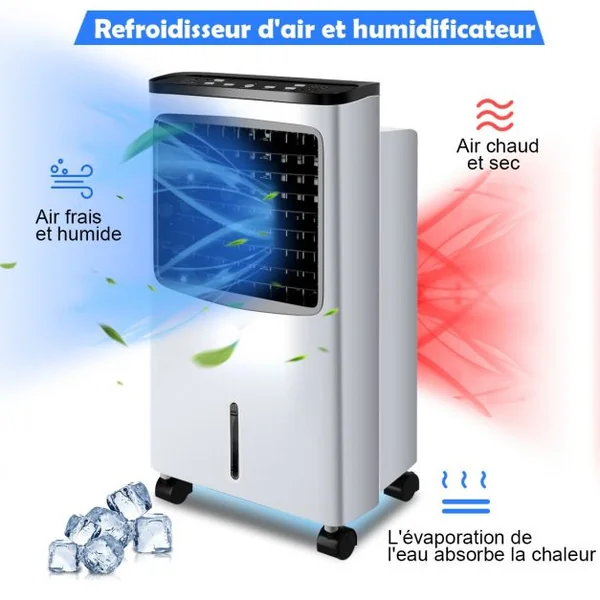 Climatiseur d'Air 75W Mobile 4 en 1 avec Télécommande Minuterie 7,5H Réservoir d’eau 8L 38x28,5x74cm Noir + Blanc