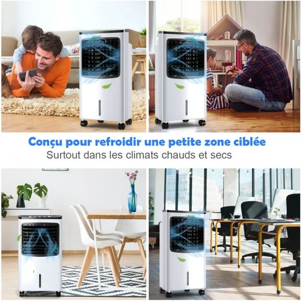 Climatiseur d'Air 75W Mobile 4 en 1 avec Télécommande Minuterie 7,5H Réservoir d’eau 8L 38x28,5x74cm Noir + Blanc