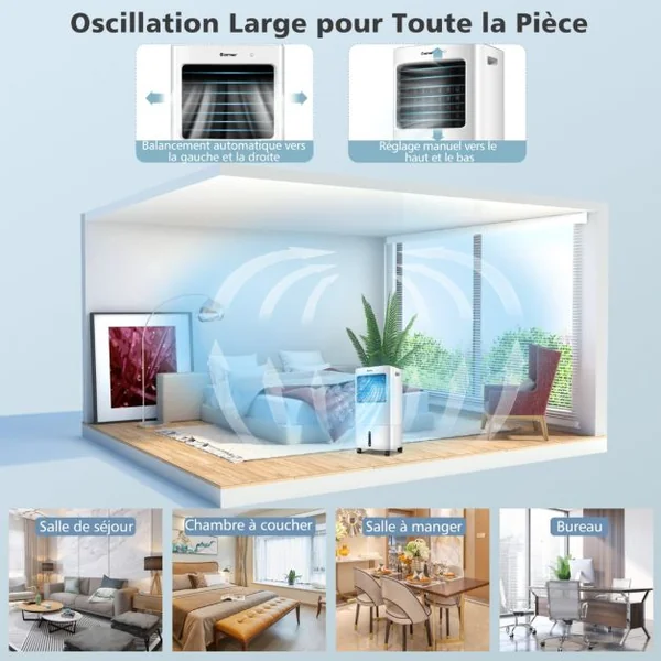 Climatiseur d'Air Mobile 4 en 1 Réservoir 20L Ventilateur Humidificateur Oscillation 40° 3 Modes 4 Vitesses Minuterie 7,5H