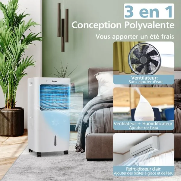 Climatiseur d'Air Mobile 4 en 1 Réservoir 20L Ventilateur Humidificateur Oscillation 40° 3 Modes 4 Vitesses Minuterie 7,5H