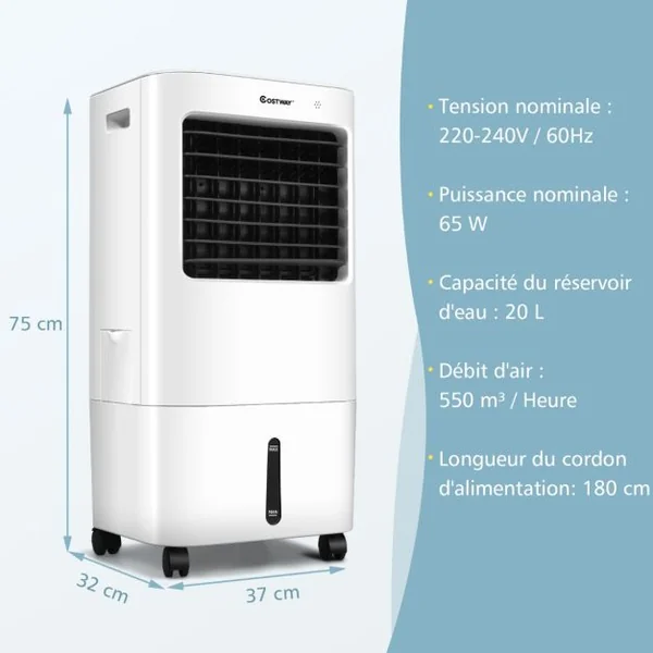Climatiseur d'Air Mobile 4 en 1 Réservoir 20L Ventilateur Humidificateur Oscillation 40° 3 Modes 4 Vitesses Minuterie 7,5H