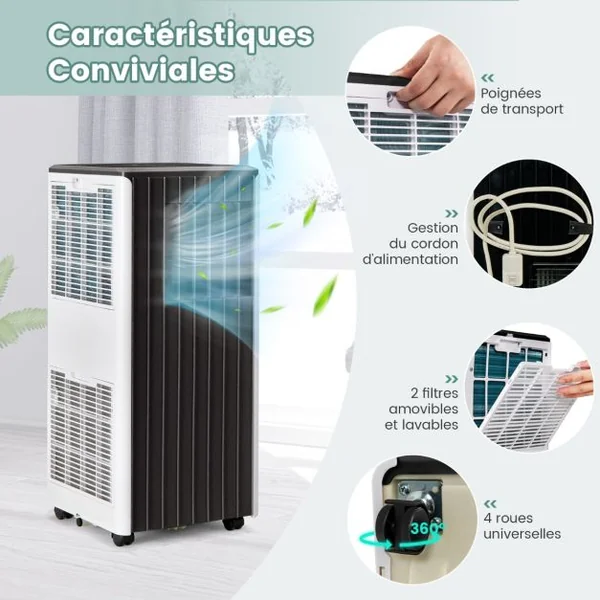 Climatiseur Mobile 4 en 1 avec Refroidissement Ventilateur Déshumidificateur et Mode Veille Télécommande Application Intelligente Minuterie 24h