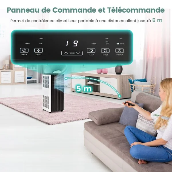 Climatiseur Mobile 4 en 1 avec Refroidissement Ventilateur Déshumidificateur et Mode Veille Télécommande Application Intelligente Minuterie 24h