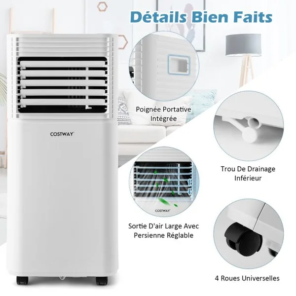 Climatiseur Mobile 4 en 1 Refroidissement Déshumidification Ventilateur 7000BTU 2 Vitesses
