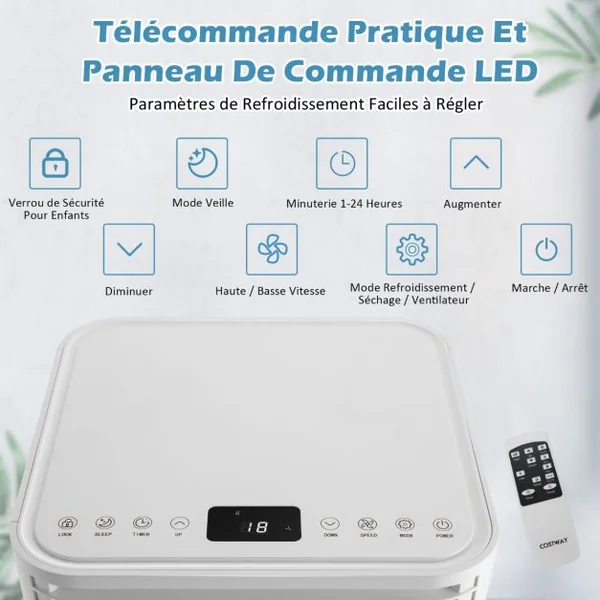 Climatiseur Mobile 4 en 1 Refroidissement Déshumidification Ventilateur 7000BTU 2 Vitesses