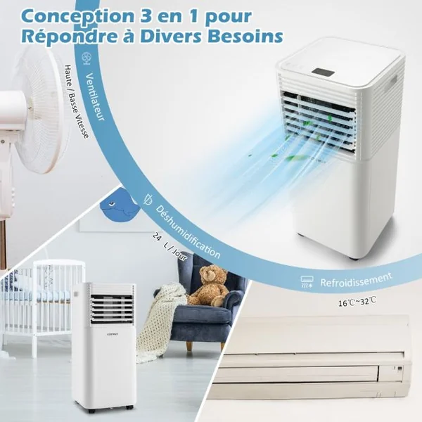 Climatiseur Mobile 4 en 1 Refroidissement Déshumidification Ventilateur 7000BTU 2 Vitesses