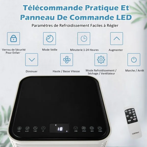 Climatiseur Mobile 4 en 1 Refroidissement Déshumidification Ventilateur 9000BTU 2 Vitesses Mode Veille Minuterie 24 h Blanc