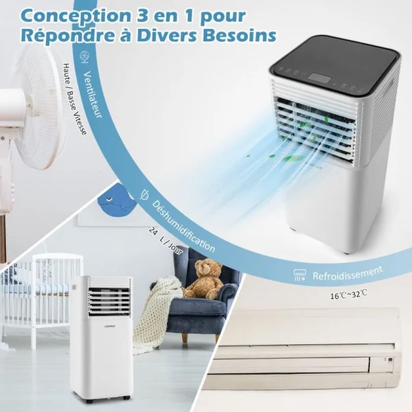 Climatiseur Mobile 4 en 1 Refroidissement Déshumidification Ventilateur 9000BTU 2 Vitesses Mode Veille Minuterie 24 h Blanc