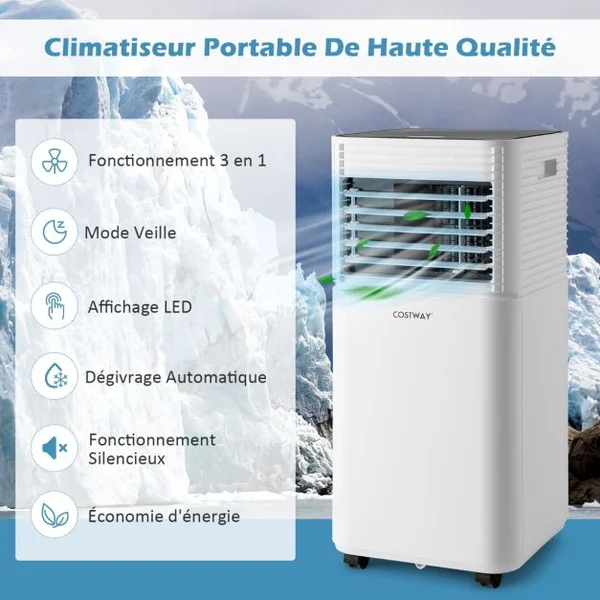 Climatiseur Mobile 4 en 1 Refroidissement Déshumidification Ventilateur 9000BTU 2 Vitesses Mode Veille Minuterie 24 h Blanc