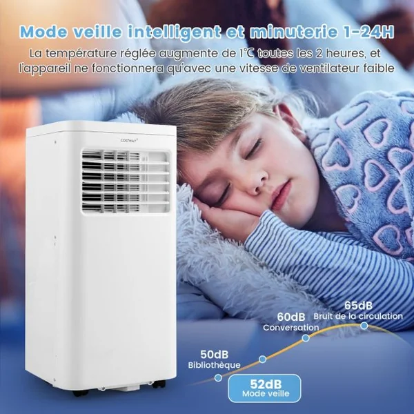 Climatiseur Mobile 4 en 1 Silencieux 9000BTU Rafraîchisseur Ventilateur Déshumidificateur 20L/Jour Mode Nuit 17 à 30℃