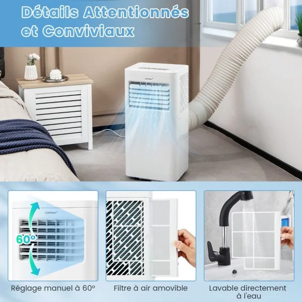Climatiseur Mobile 4 en 1 Silencieux 9000BTU Rafraîchisseur Ventilateur Déshumidificateur 20L/Jour Mode Nuit 17 à 30℃