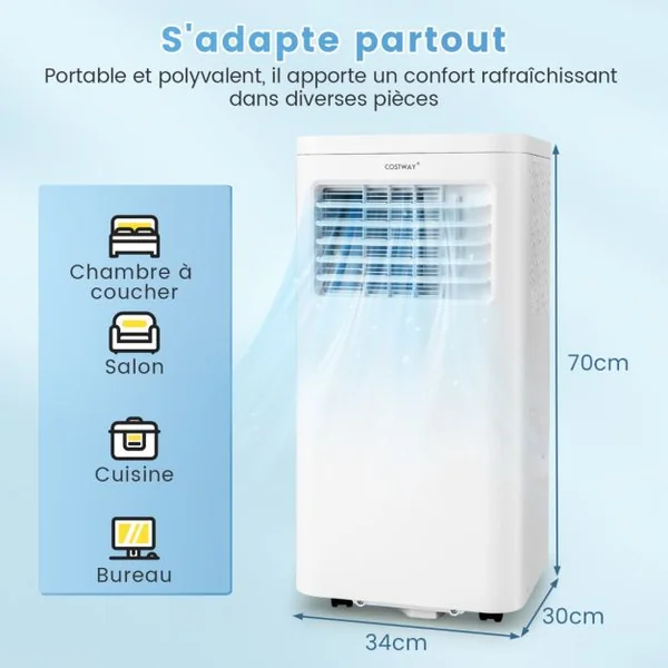 Climatiseur Mobile 4 en 1 Silencieux 9000BTU Rafraîchisseur Ventilateur Déshumidificateur 20L/Jour Mode Nuit 17 à 30℃