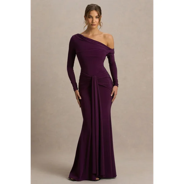 Clover | Robe longue bordeaux à encolure asymétrique avec drapé et nœud