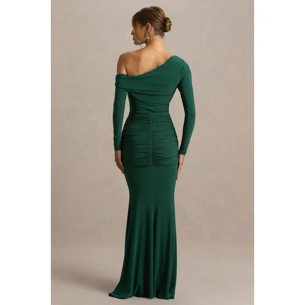 Clover | Robe longue vert foncé à encolure asymétrique avec ceinture